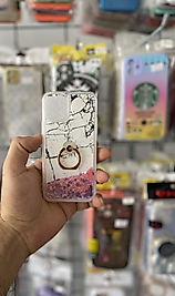iPhone 12 Mini Yüzüklü  Mermer Desenli  Sulu Simli Telefon Kılıfı