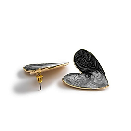 925 Ayar Gümüş Iğneli Altın Kenar Emaye Siyah Kalp Küpe(3,5cm)