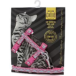 Cattie Özel Desenli Dokumadan El Yapımı Kedi Göğüs & Gezdirme Takımı Pembe