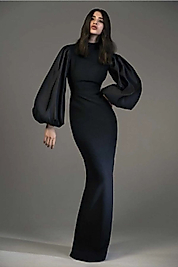by serkan design kadın siyah sırt dantel dekolteli saten balon kol fermuarlı yırtmaçlı abiye elbise