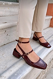 Kadın Rugan Bordo Arkası Açık Kare Burunlu Baretli Kısa Blok Topuklu Ayakkabı Günlük