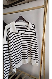 Polo Yaka Çizgili Oversize Triko Kazak