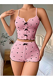 Kutulu Kurdele Detaylı İp Askılı Şortlu Kadın Gecelik Takımı