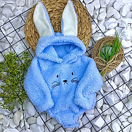 Mavi Peluş Kapüşonlu Unisex Kışlık Bebek Çıtçıtlı Badi