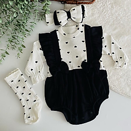 Siyah Kalp  Desenli Kız Bebek Romper