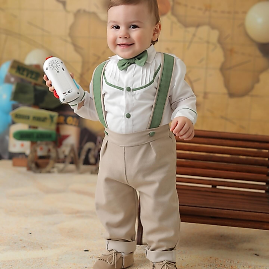 AsellaKids Erkek Çocuk Salopet Takım - Krem / Yeşil Askılı