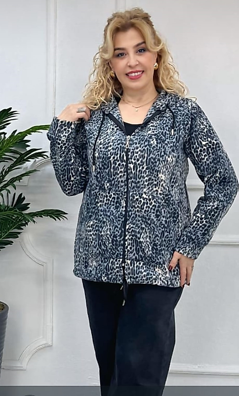 Siyah Gri Leopar Desenli Kapşonlu Büyük Beden Ceket