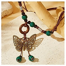 VİNTAGE KAZAK ZİNCİR TURKUAZ YEŞİL BONCUK UACIFE BOHO AHŞAP KOLYE