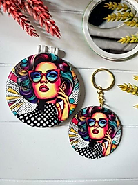Pop Art Desen Kadın Ayna Anahtarlık Seti