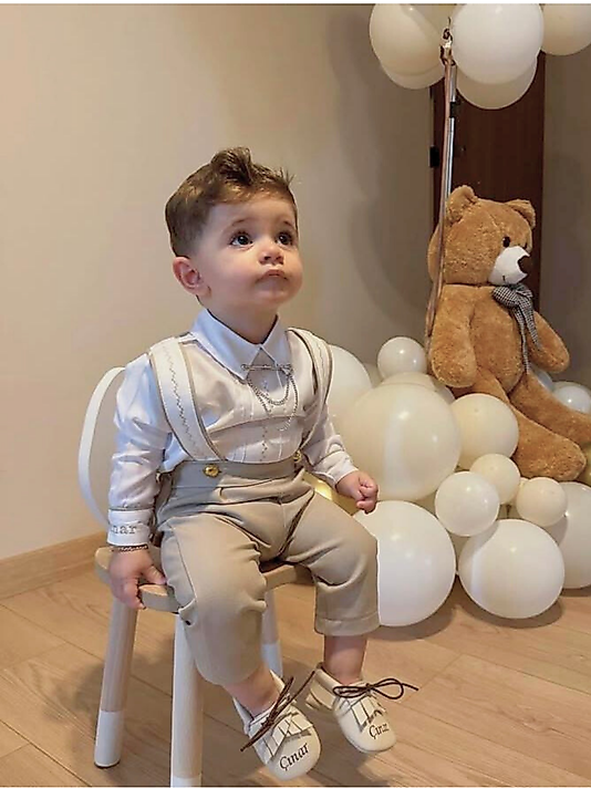 Erkek Çocuk Bej Salopet Takım - Yaka İğnesi Dahil