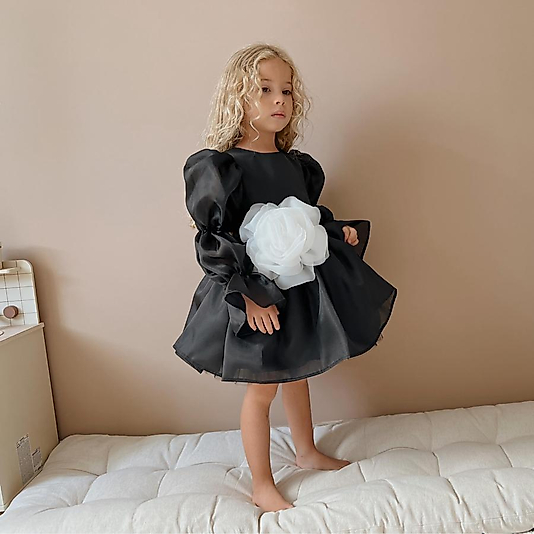 Şifon Uzun Kollu Gül Detaylı Siyah Kız Çocuk Elbisesi