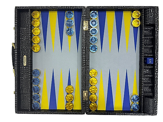 ArtGammon Black Alligator Backgammon Board & Brass Checkers