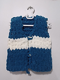 El İşi Puffy Kız Erkek Bebek Örgü Mavi Beyaz Yelek