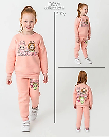 3 - 10 Yaş Arası Labubu Desenli Üçiplik Şardonlu Oversize Kesim Kız Çocuk Takımları