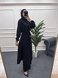 Çilek kumaş uzun tunikli siyah takım