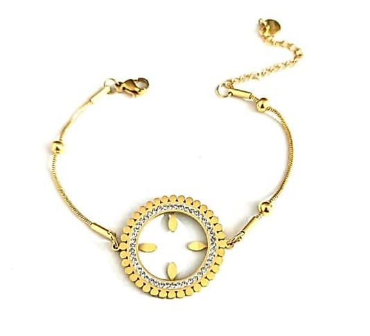 Zarif Altın Renk Kaplama Detaylı Yuvarlak Tasarım Bileklik 316L ÇELİK