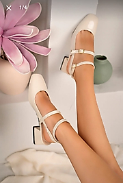 Kadın Rugan Ten Arkası Açık Kare Burunlu Baretli Kısa Blok Topuklu Ayakkabı Günlük