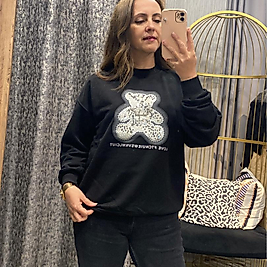 Taş İşlemeli Ayıcıklı Şardonsuz Siyah Sweat