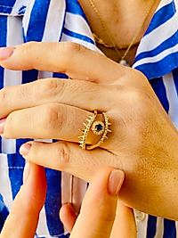 Zirkon Taşlı Altın Renk Safir Taşlı Göz Nazar Ayarlanabilir Yüzük