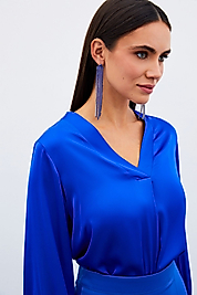 SATEEN V YAKA SATEN SAX MAVİ BLUZ