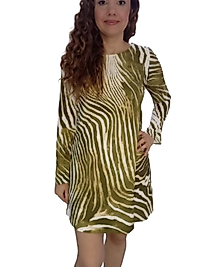 Haki Zebra Desenli İspanyol Uzun Kollu Kısa Elbise