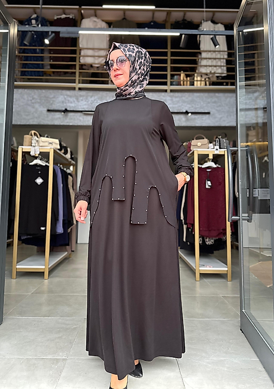 Önü Garnili  Siyah Bari Elbise