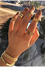 Kadın 5 Li Gold Vintage Eklem Yüzük Seti Ayarlanabilir