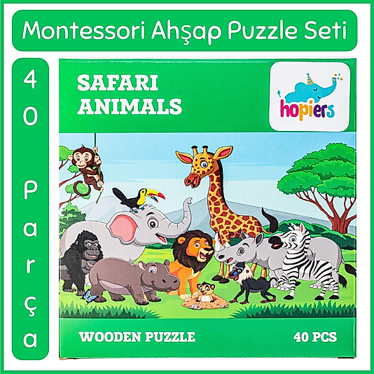 Safari Animals Ahşap 40 Parça Montessori  Puzzle Seti