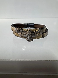 Sarı Renkli Gerçek Yılan Derili  Kartal Detaylı Mıknatıslı Bileklik