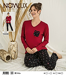 Kırmızı Cepli Üst & Kalp Desenli Siyah Alt Kadın Pijama Takımı -Noya 13350