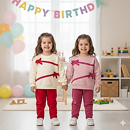 2 - 5 Yaş Arası Kurdele Şerit İşlemeli Oversize Kesim Üçiplik Şardonlu Kız Çocuk Takım