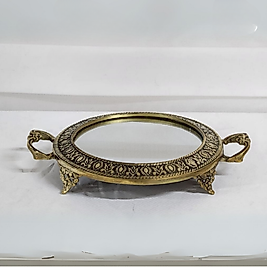Pirinç Aynalı Yuvarlak Tepsi Çiçekli 28cm.