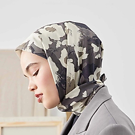 Multi Flower Desen Pamuk İpek Eşarp Vizon