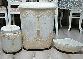 Krem Rengi,Gold Detaylı 3 lü Kirli Çamaşır Sepeti