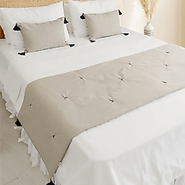 Yatak Runner Seti Çift Kişilik Taş Keten Püsküllü