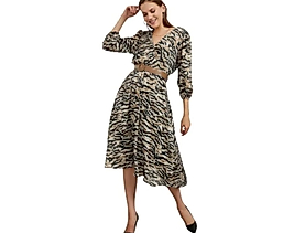 Kahve Siyah Desenli Kruvaze Yaka Kemerli Saten Elbise