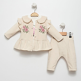 Kız Bebek Gül Desen Yelekli Üçlü Takım