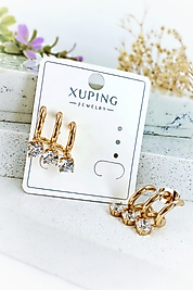 Xuping Vip Seri Zİrkon Taşlı Gold Renk Çelik Küpe (2 cm) ( Tek kulak deliği ile 3 küpe görünümü)