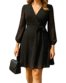 Siyah Puantiyeli Kruvaze Yaka Şifon Mini Elbise