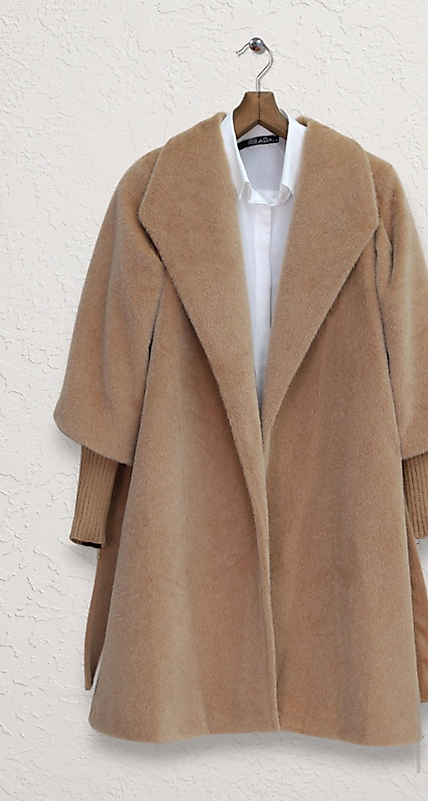 Kolu Ribanalı Şal Yaka Astarli Kaşe Kaban  Bej Renk