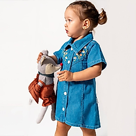 Kız Çocuk 2-5 Yaş Nakışlı Kot Elbise