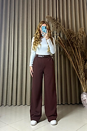 Kemerli Likralı Kahverengi Palazzo Pantolon