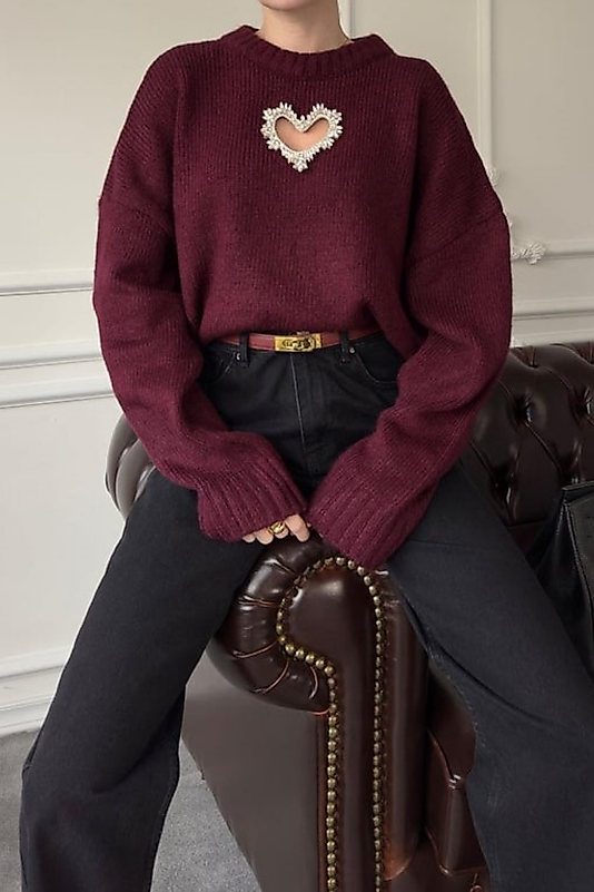 Kalp Detaylı Triko -Bordo