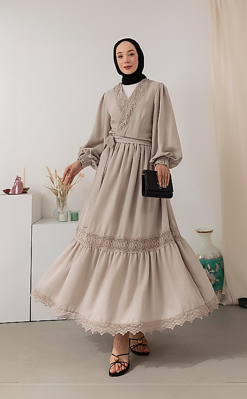 Yeni Trend Krem Fisto Kadın Elbise – Bej