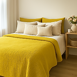 Müslin %100 Pamuk Tek Kişilik Hardal Renk Yatak Örtüsü 4 katlı 160x230 cm.