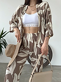 Desenli Kimono & Pantolon Ikili Takım - KAHVE