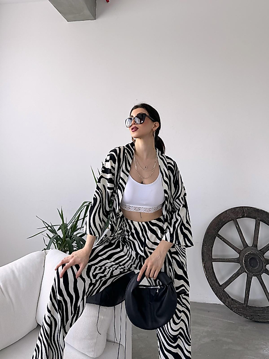 Desenli Kimono & Pantolon Ikili Takım - SİYAH/BEYAZ-ZEBRA