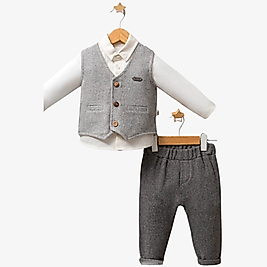 Erkek Bebek 6-24 Ay Yelekli Papyonlu Alt Üst Takım Gri