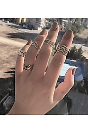 Kadın 5 Li Gümüş Vintage Eklem Yüzük Seti Ayarlanabilir
