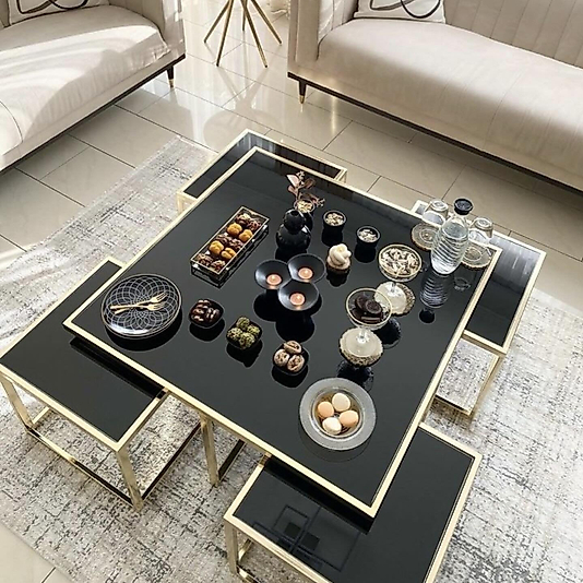 PARLAK GOLD KARE 4+1 PİZZA ORTA SEHPA KOMPLE SİYAH AYNA